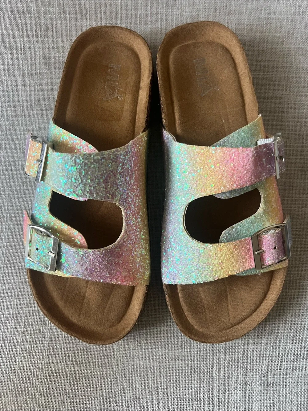 MIA Girls summer glam pastel rainbow Glitter Double-Buckle Sandals, kids size 3